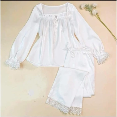 Bộ Đồ Ngủ Lụa Lantin Dài Tay, Pijama Cổ Vuông Ren Tiểu Thư - Giá 161.699₫ 6