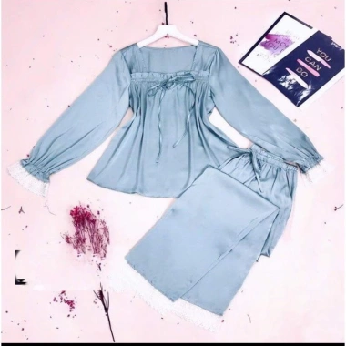 Bộ Đồ Ngủ Lụa Lantin Dài Tay, Pijama Cổ Vuông Ren Tiểu Thư - Giá 161.699₫ 7