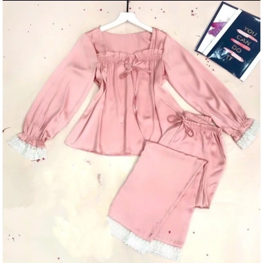 Bộ Đồ Ngủ Lụa Lantin Dài Tay, Pijama Cổ Vuông Ren Tiểu Thư - Giá 161.699₫ 8