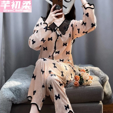 Bộ đồ ngủ nhung kim cương nữ mùa thu đông dài tay kiểu Pháp cổ búp bê - 250.740₫ 2