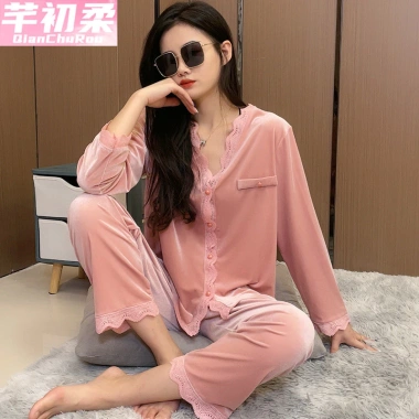 Bộ đồ ngủ nhung kim cương nữ mùa thu đông dài tay kiểu Pháp cổ búp bê - 250.740₫ 4