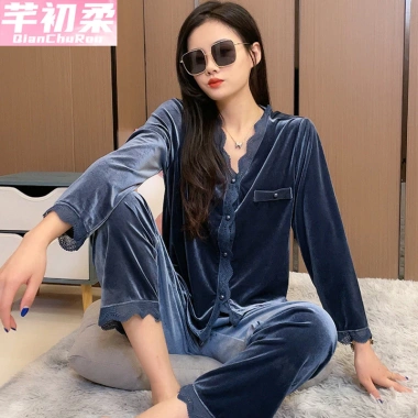 Bộ đồ ngủ nhung kim cương nữ mùa thu đông dài tay kiểu Pháp cổ búp bê - 250.740₫ 6