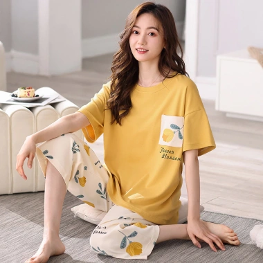 Bộ Đồ Ngủ Nữ 100% Cotton Tay Ngắn 3/4 Quần Dài Mùa Hè In Hoa Hoạt Hình - 313.016 VND
