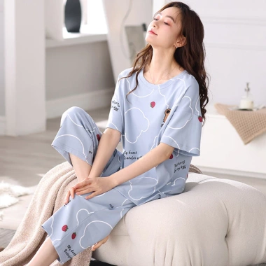 Bộ Đồ Ngủ Nữ 100% Cotton Tay Ngắn 3/4 Quần Dài Mùa Hè In Hoa Hoạt Hình - 313.016 VND
