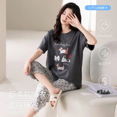 Bộ Đồ Ngủ Nữ 100% Cotton Tay Ngắn 3/4 Quần Dài Mùa Hè In Hoa Hoạt Hình - 313.016 VND