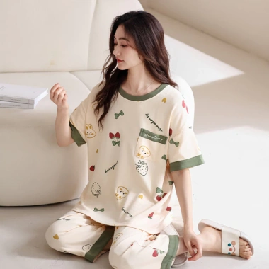 Bộ Đồ Ngủ Nữ 100% Cotton Tay Ngắn 3/4 Quần Dài Mùa Hè In Hoa Hoạt Hình - 313.016 VND
