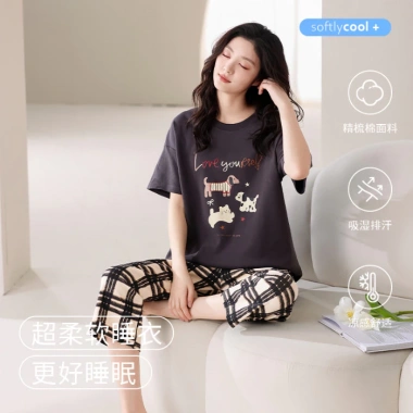 Bộ Đồ Ngủ Nữ 100% Cotton Tay Ngắn 3/4 Quần Dài Mùa Hè In Hoa Hoạt Hình - 313.016 VND