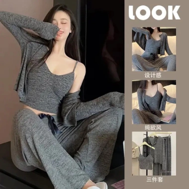 Bộ Đồ Ngủ Nữ Ba Mảnh Dài Tay Miếng Lót Ngực Sling - Ngọt Ngào, Thoải Mái, Giá 331k