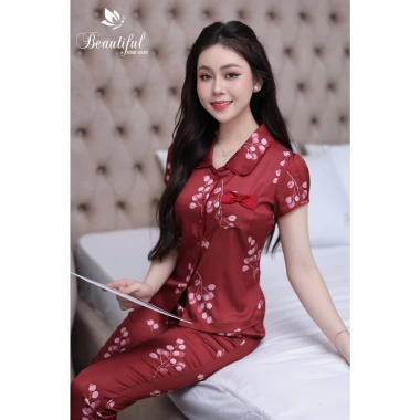 Bộ đồ ngủ nữ BEAUTIFUL Y900A lụa mango đỏ - Pyjama quần dài cổ vòng tay cộc 269k