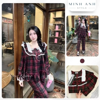 Bộ Đồ Ngủ Nữ Caro Cổ Vuông Ren Vintage - Dáng Rộng Dễ Thương, Giá 215.000₫