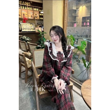 Bộ Đồ Ngủ Nữ Caro Cổ Vuông Ren Vintage - Dáng Rộng Dễ Thương, Giá 215.000₫