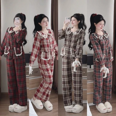 Bộ Đồ Ngủ Nữ Caro Vintage - Pijama Tay Dài Quần Dài, Mặc Nhà Thoải Mái, Giá 269k 4