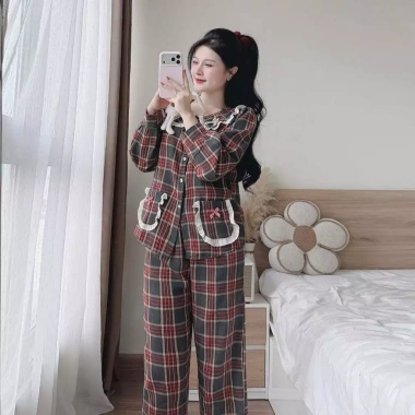 Bộ Đồ Ngủ Nữ Caro Vintage - Pijama Tay Dài Quần Dài, Mặc Nhà Thoải Mái, Giá 269k 5