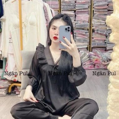 Bộ đồ ngủ nữ cổ V von ren, pijama tay dài, quần dài lụa xước, freesize 40-80kg, giảm còn 165.000