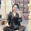 Bộ đồ ngủ nữ cổ V von ren, pijama tay dài, quần dài lụa xước, freesize 40-80kg, giảm còn 165.000 6