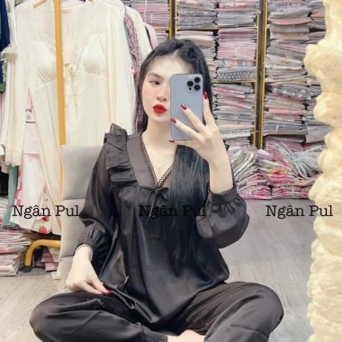 Bộ đồ ngủ nữ cổ V von ren, pijama tay dài, quần dài lụa xước, freesize 40-80kg, giảm còn 165.000
