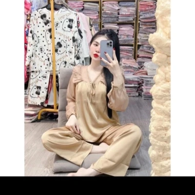 Bộ đồ ngủ nữ cổ V von ren, pijama tay dài, quần dài lụa xước, freesize 40-80kg, giảm còn 165.000