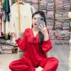 Bộ đồ ngủ nữ cổ V von ren, pijama tay dài, quần dài lụa xước, freesize 40-80kg, giảm còn 165.000 10
