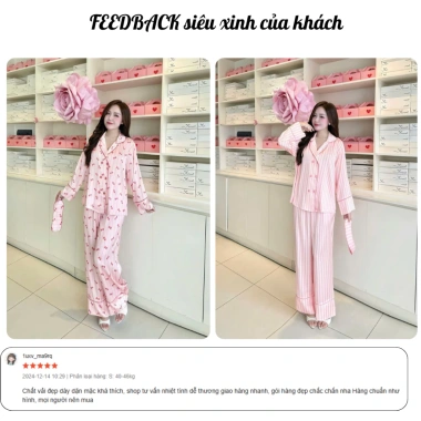 Bộ đồ ngủ nữ dài tay kẻ sọc hồng lụa mềm mịn, sang trọng, thoáng mát Giá 221.600 VND