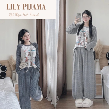 Bộ đồ ngủ nữ LILY HCOM26.678 áo thun in họa tiết mix quần suông dài tay 129.000 VND