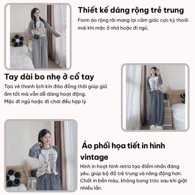 Bộ đồ ngủ nữ LILY HCOM26.678 áo thun in họa tiết mix quần suông dài tay 129.000 VND