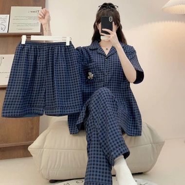 Bộ Đồ Ngủ Nữ M-5xl Plus Cotton 3 Mảnh Pyjama Tay Ngắn Mùa Hè Dễ Thương Kẻ Sọc 2