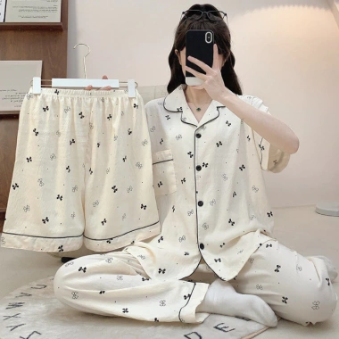 Bộ Đồ Ngủ Nữ M-5xl Plus Cotton 3 Mảnh Pyjama Tay Ngắn Mùa Hè Dễ Thương Kẻ Sọc 5