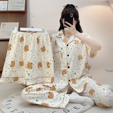 Bộ Đồ Ngủ Nữ M-5xl Plus Cotton 3 Mảnh Pyjama Tay Ngắn Mùa Hè Dễ Thương Kẻ Sọc 8