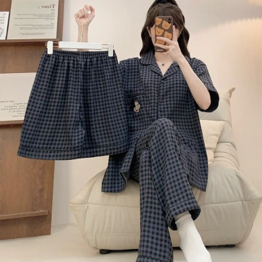 Bộ Đồ Ngủ Nữ M-5xl Plus Cotton 3 Mảnh Pyjama Tay Ngắn Mùa Hè Dễ Thương Kẻ Sọc 9