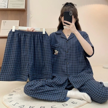 Bộ Đồ Ngủ Nữ M-5xl Plus Cotton 3 Mảnh Pyjama Tay Ngắn Mùa Hè Dễ Thương Kẻ Sọc 10