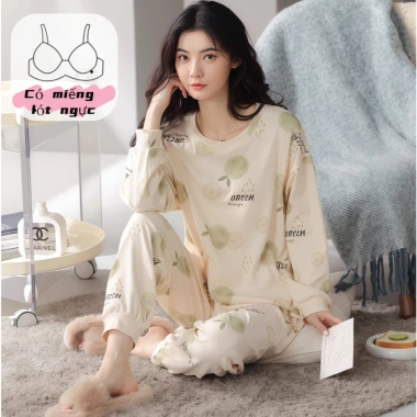 Bộ đồ ngủ nữ miếng lót ngực, áo ngực sẵn, họa tiết cute, tay dài, quần dài ấm áp, thoáng khí - Chỉ 115k