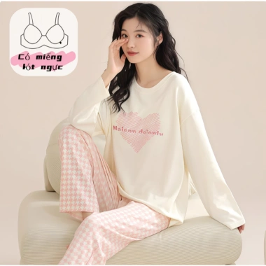 Bộ đồ ngủ nữ miếng lót ngực, áo ngực sẵn, họa tiết cute, tay dài, quần dài ấm áp, thoáng khí - Chỉ 115k