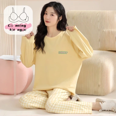Bộ đồ ngủ nữ miếng lót ngực, áo ngực sẵn, họa tiết cute, tay dài, quần dài ấm áp, thoáng khí - Chỉ 115k