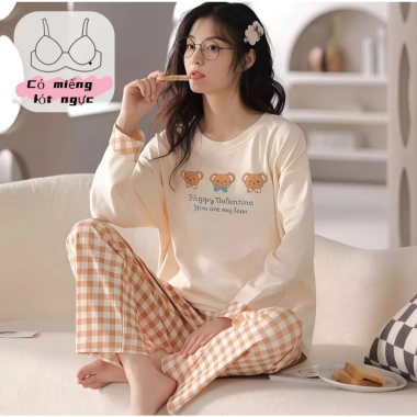 Bộ đồ ngủ nữ miếng lót ngực, áo ngực sẵn, họa tiết cute, tay dài, quần dài ấm áp, thoáng khí - Chỉ 115k
