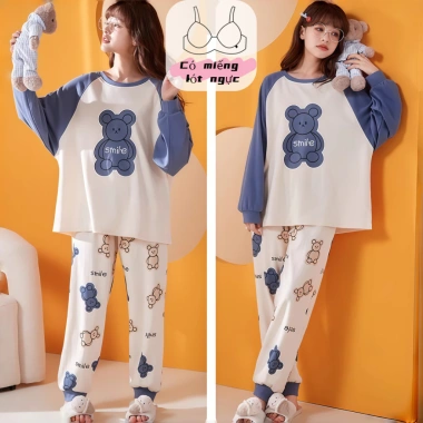 Bộ đồ ngủ nữ miếng lót ngực, áo ngực sẵn, họa tiết cute, tay dài, quần dài ấm áp, thoáng khí - Chỉ 115k