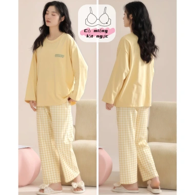 Bộ đồ ngủ nữ miếng lót ngực, áo ngực sẵn, họa tiết cute, tay dài, quần dài ấm áp, thoáng khí - Chỉ 115k