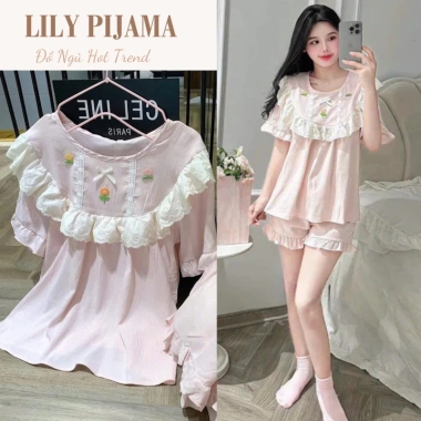 Bộ đồ ngủ nữ mùa hè cotton mềm phối bèo Lily, đồ mặc nhà xinh xỉu tiểu thư