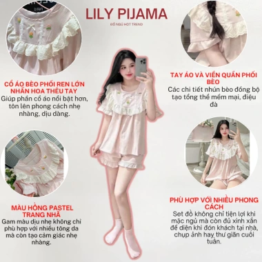 Bộ đồ ngủ nữ mùa hè cotton mềm phối bèo Lily, đồ mặc nhà xinh xỉu tiểu thư