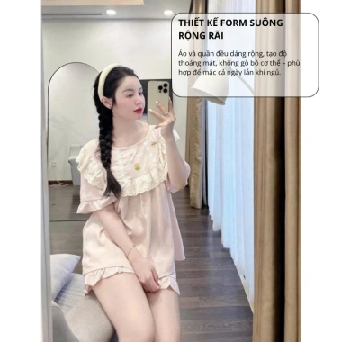 Bộ đồ ngủ nữ mùa hè cotton mềm phối bèo Lily, đồ mặc nhà xinh xỉu tiểu thư