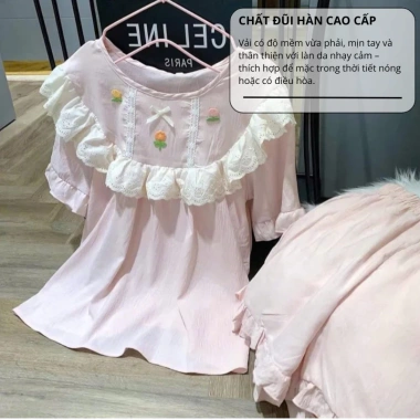 Bộ đồ ngủ nữ mùa hè cotton mềm phối bèo Lily, đồ mặc nhà xinh xỉu tiểu thư