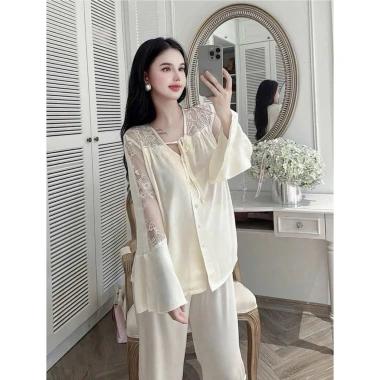 Bộ Đồ Ngủ Nữ Quần Dài và Áo Tay Dài Chất Lụa Latin Cổ Viền Ren Freesize 40‑60kg 3