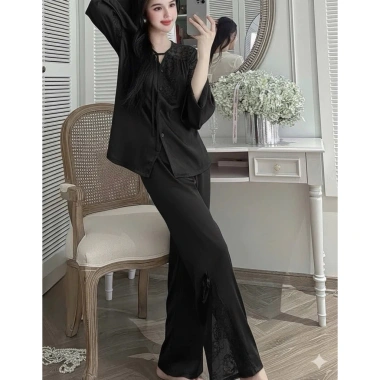 Bộ Đồ Ngủ Nữ Quần Dài và Áo Tay Dài Chất Lụa Latin Cổ Viền Ren Freesize 40‑60kg 5