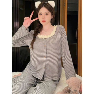 Bộ đồ ngủ nữ tay dài cotton mềm mại, ren cổ tiểu - Pijama thu đông sang chảnh, 159k 3