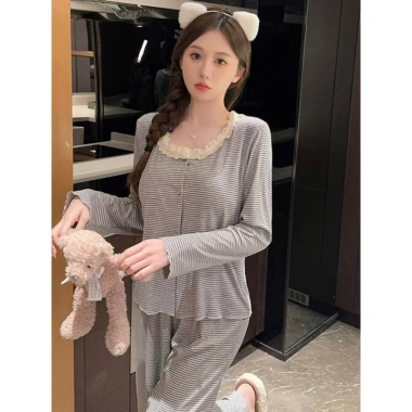 Bộ đồ ngủ nữ tay dài cotton mềm mại, ren cổ tiểu - Pijama thu đông sang chảnh, 159k 5