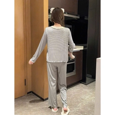 Bộ đồ ngủ nữ tay dài ngọt ngào thun cotton mềm mịn, cổ ren, pijama thu đông 155k