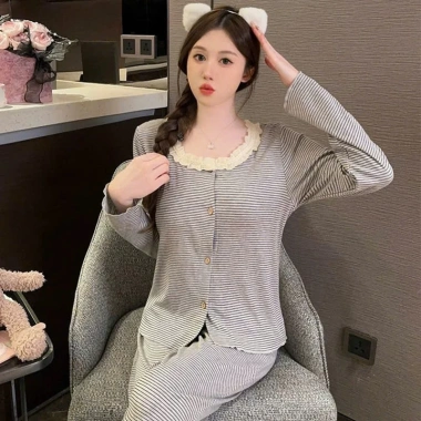 Bộ đồ ngủ nữ tay dài ngọt ngào thun cotton mềm mịn, cổ ren, pijama thu đông 155k