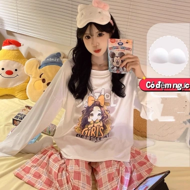 Bộ Đồ Ngủ Nữ Tay Dài Vải Mây Cotton Đệm Ngực, Form Rộng Size Lớn, Họa Tiết Hoạt Hình Dễ Thương, Giá 105k