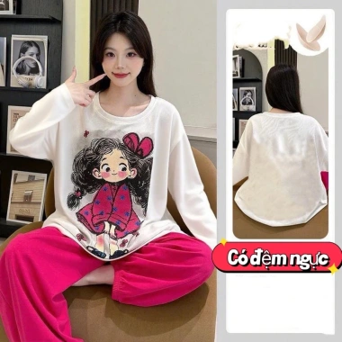 Bộ Đồ Ngủ Nữ Tay Dài Vải Mây Cotton Đệm Ngực, Form Rộng Size Lớn, Họa Tiết Hoạt Hình Dễ Thương, Giá 105k