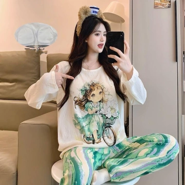 Bộ Đồ Ngủ Nữ Tay Dài Vải Mây Cotton Đệm Ngực, Form Rộng Size Lớn, Họa Tiết Hoạt Hình Dễ Thương, Giá 105k