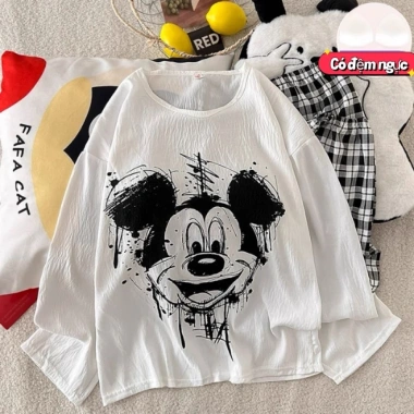 Bộ Đồ Ngủ Nữ Tay Dài Vải Mây Cotton Đệm Ngực, Form Rộng Size Lớn, Họa Tiết Hoạt Hình Dễ Thương, Giá 105k